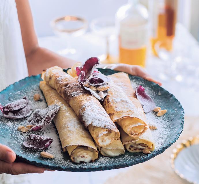Dubrovnik rose liqueur, ricotta and almond crepes and candied rose petals