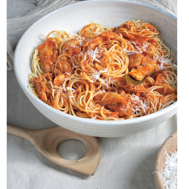 Mum’s spaghetti with braised chicken thigh, tomato & rosemary sauce