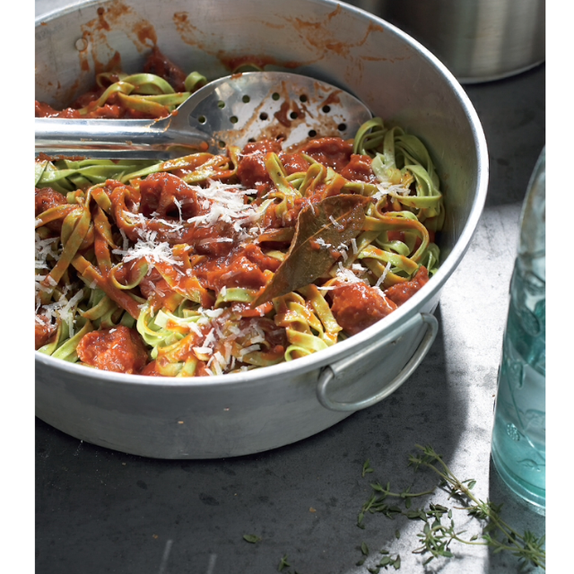 Stinging nettle tagliatelle with braised goat and thyme sauce