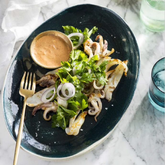 Dalmatian wood-grilled calamari with red pepper mayonnaise, parsley and onion salad