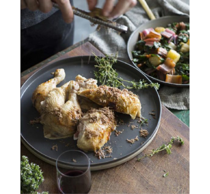 Spit or oven-roasted farm hen, white Rovinj truffles and potato and rainbow chard