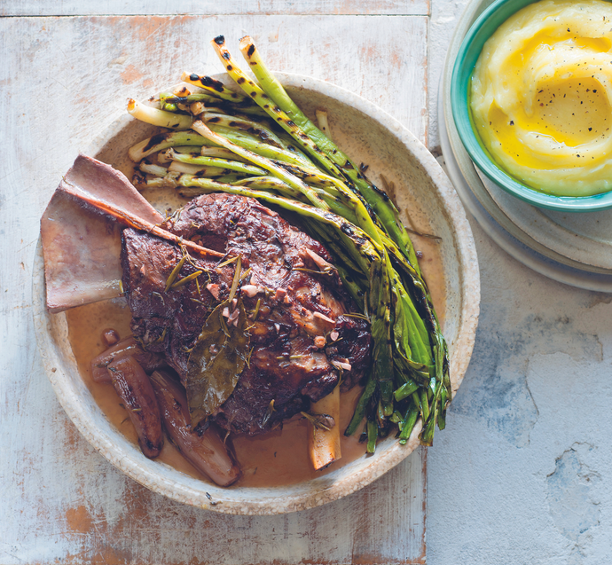 Braised Pag lamb shoulder with olive oil mashed potatoes and grilled leeks