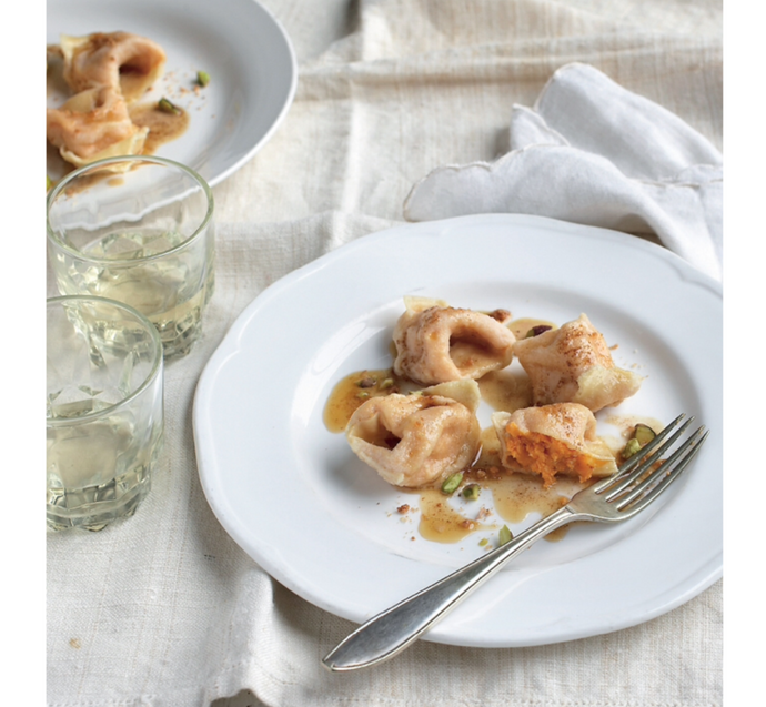 Pumpkin tortelli with pistachio nuts, amaretti biscuits, Parmigiano Reggiano & burnt butter