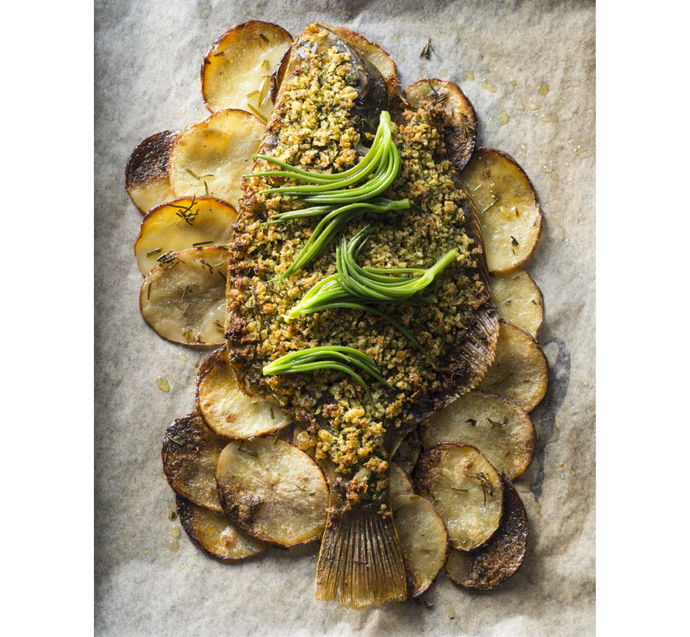 Whole flounder and herb breadcrumbs with Croatian samphire